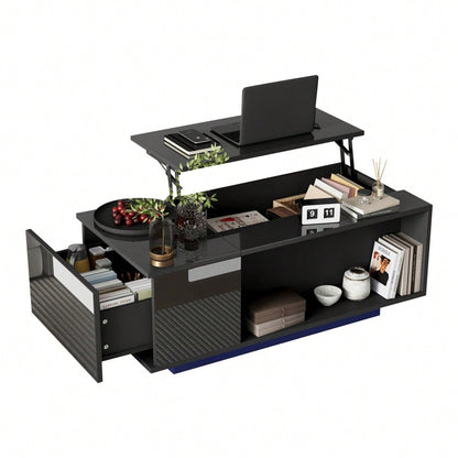 100*50*40cm Couchtisch Höhenverstellbarer Kaffeetisch mit Verstecktem Stauraum, Beistelltisch Mit LED-Licht , Wohnzimmertisch Mit Schublade, Tisch, Sofatisch,Schwarz