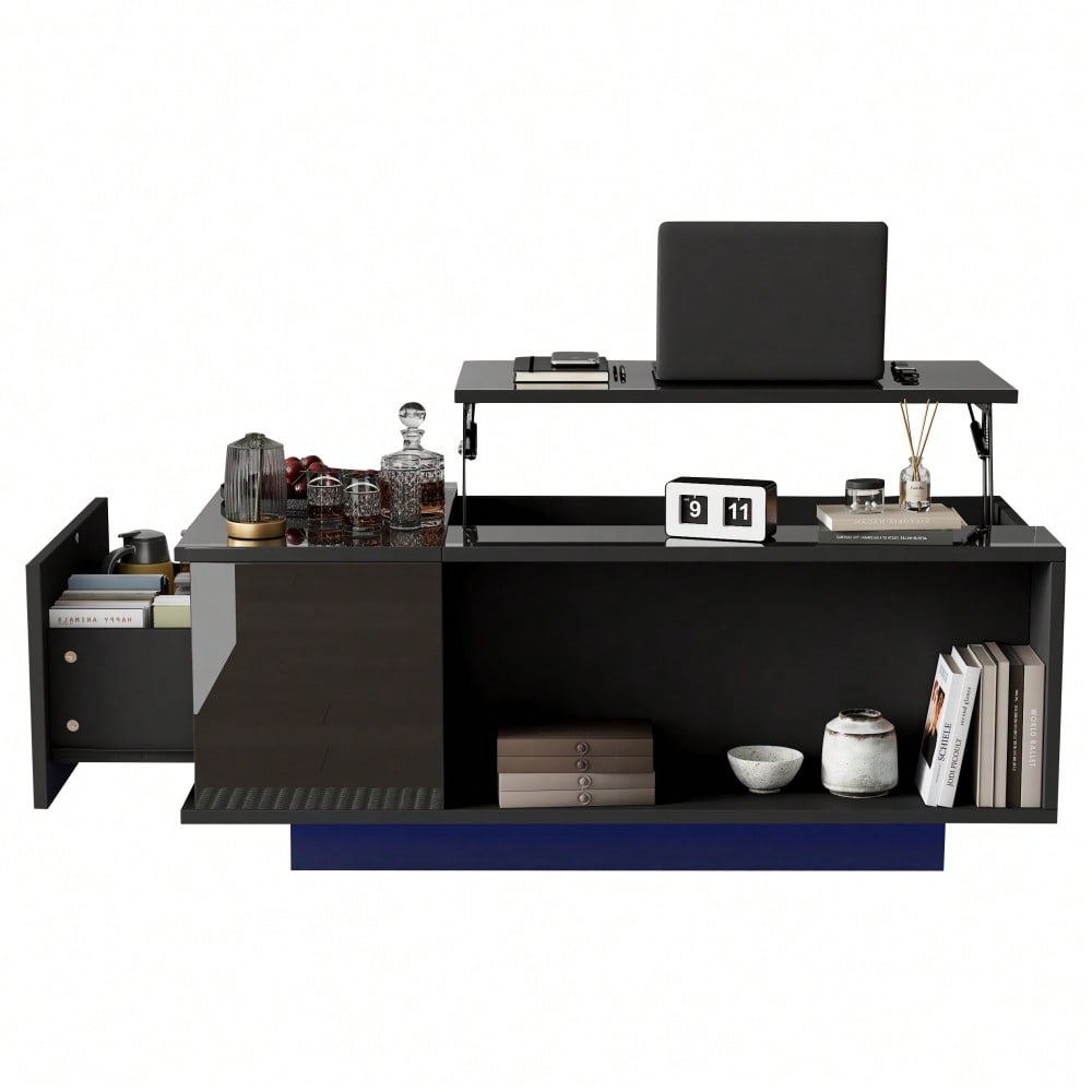 100*50*40cm Couchtisch Höhenverstellbarer Kaffeetisch mit Verstecktem Stauraum, Beistelltisch Mit LED-Licht , Wohnzimmertisch Mit Schublade, Tisch, Sofatisch,Schwarz