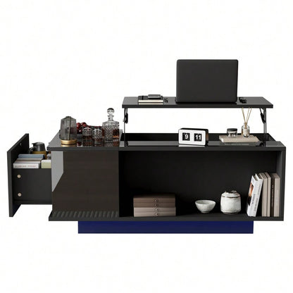 100*50*40cm Couchtisch Höhenverstellbarer Kaffeetisch mit Verstecktem Stauraum, Beistelltisch Mit LED-Licht , Wohnzimmertisch Mit Schublade, Tisch, Sofatisch,Schwarz