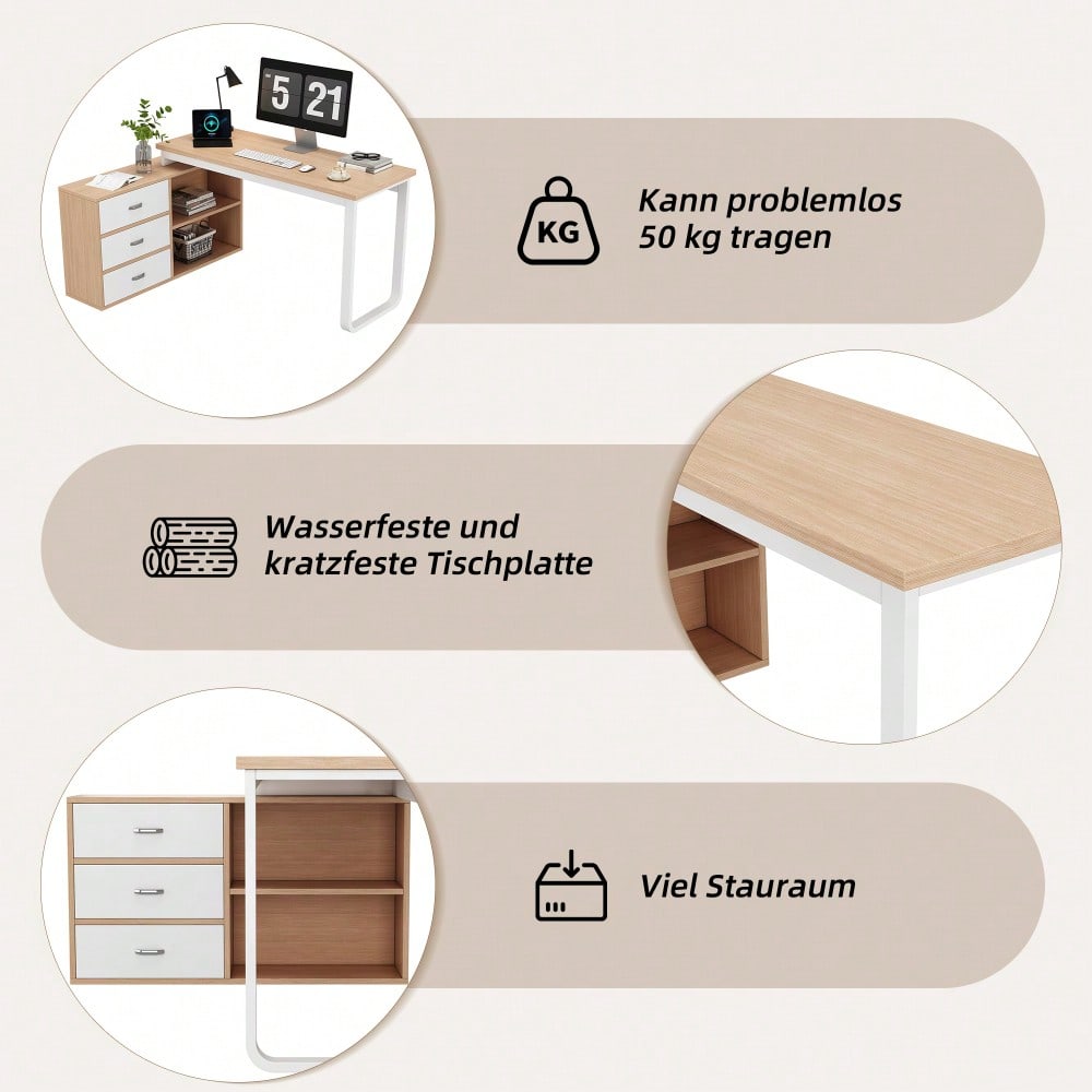 Schlichter Schreibtisch, Büroschreibtisch, drei Schubladen, zwei offene Ablagefächer, massives Stahlrohr, breite und dicke Tischplatte, stabile Tragfähigkeit, natur