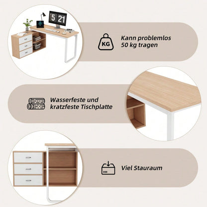 Schlichter Schreibtisch, Büroschreibtisch, drei Schubladen, zwei offene Ablagefächer, massives Stahlrohr, breite und dicke Tischplatte, stabile Tragfähigkeit, natur