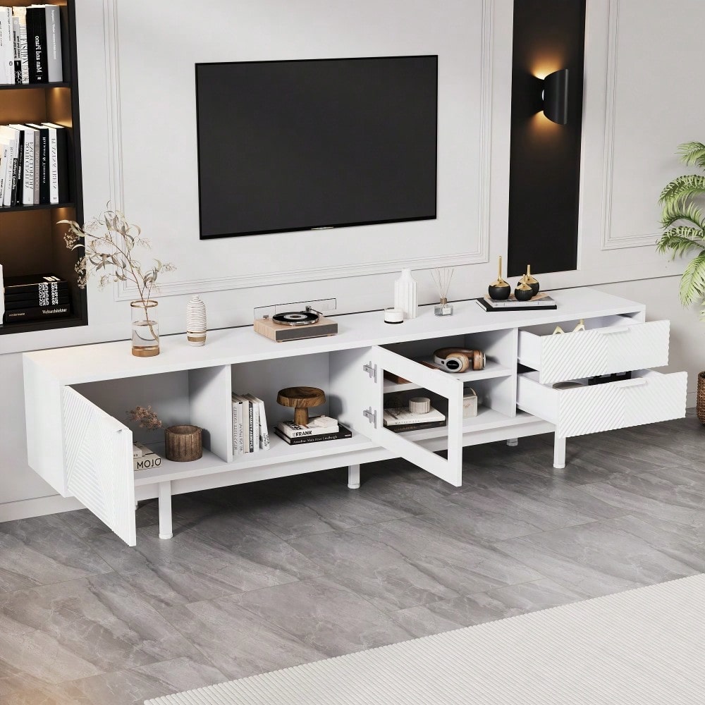 200*40*50.5 cm moderner einfacher Fernsehschrank, Lowboard Mit 2 Türen und 2 Schubladen,TV-Ständer mit großem Stauraum,Wohnraumschrank mit Gesamttragkraft von 45kg,Geeignet für 80-Zoll,Weiß
