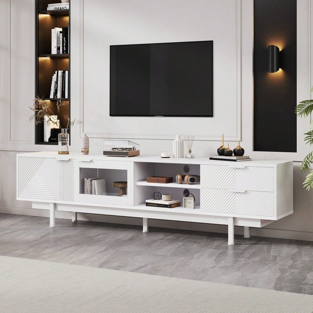 200*40*50.5 cm moderner einfacher Fernsehschrank, Lowboard Mit 2 Türen und 2 Schubladen,TV-Ständer mit großem Stauraum,Wohnraumschrank mit Gesamttragkraft von 45kg,Geeignet für 80-Zoll,Weiß