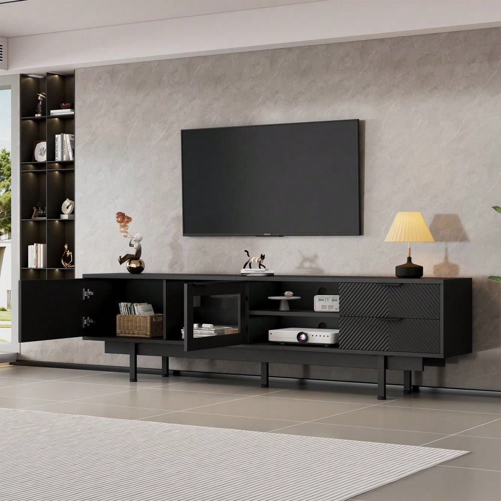 200*40*50.5 cm moderner einfacher Fernsehschrank, Lowboard Mit 2 Türen und 2 Schubladen,TV-Ständer mit großem Stauraum,Wohnraumschrank mit Gesamttragkraft von 45kg,Geeignet für 80-Zoll, Schwarz