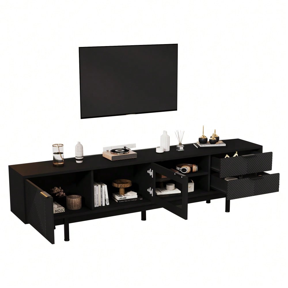 200*40*50.5 cm moderner einfacher Fernsehschrank, Lowboard Mit 2 Türen und 2 Schubladen,TV-Ständer mit großem Stauraum,Wohnraumschrank mit Gesamttragkraft von 45kg,Geeignet für 80-Zoll, Schwarz