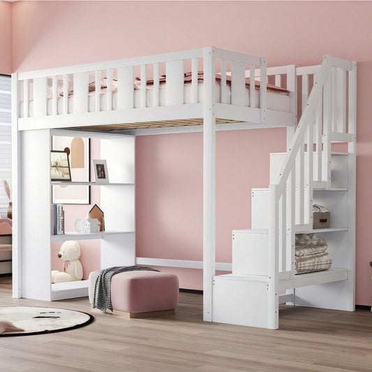 Hochbett 90 x 200 cm, Kinderbett mit Stauraumtreppe, Hochbett mit mehreren großen Staufächern, Funktionsbett, Kinderbett, Jugendbett, Holzbett, Weiß (ohne Matratze)
