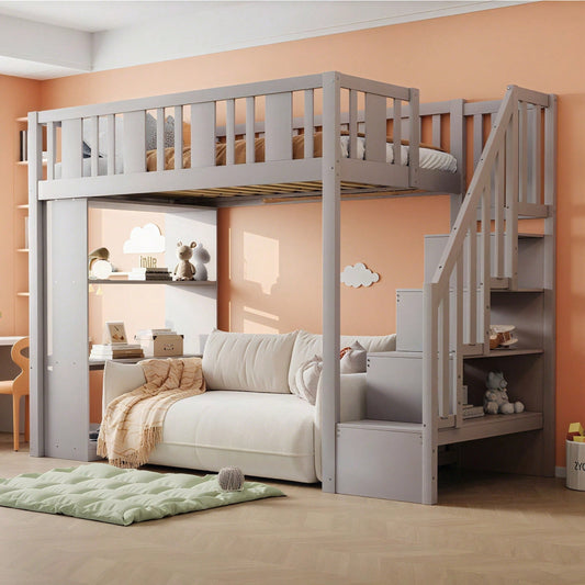 Hochbett 90 x 200 cm, Kinderbett mit Stauraumtreppe, Hochbett mit mehreren großen Staufächern, Funktionsbett, Kinderbett, Jugendbett, Holzbett, Grau (ohne Matratze)