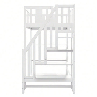 Hochbett 90 x 200 cm, Kinderbett mit Stauraumtreppe, Hochbett mit mehreren großen Staufächern, Funktionsbett, Kinderbett, Jugendbett, Holzbett, Weiß (ohne Matratze)