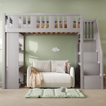 Hochbett 90 x 200 cm, Kinderbett mit Stauraumtreppe, Hochbett mit mehreren großen Staufächern, Funktionsbett, Kinderbett, Jugendbett, Holzbett, Grau (ohne Matratze)