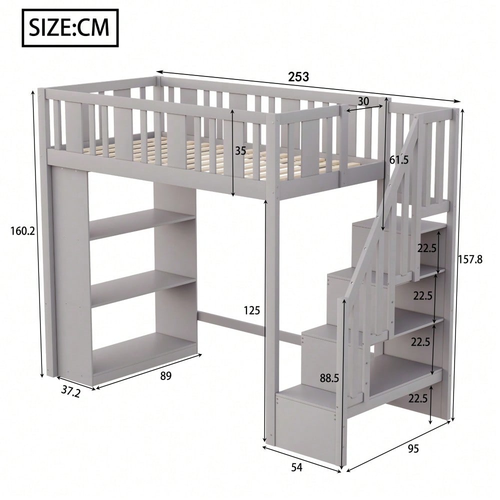 Hochbett 90 x 200 cm, Kinderbett mit Stauraumtreppe, Hochbett mit mehreren großen Staufächern, Funktionsbett, Kinderbett, Jugendbett, Holzbett, Grau (ohne Matratze)
