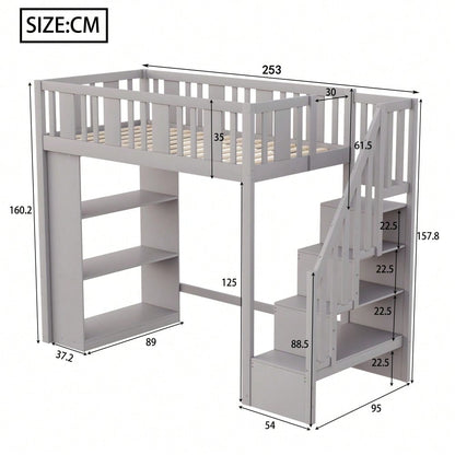 Hochbett 90 x 200 cm, Kinderbett mit Stauraumtreppe, Hochbett mit mehreren großen Staufächern, Funktionsbett, Kinderbett, Jugendbett, Holzbett, Grau (ohne Matratze)