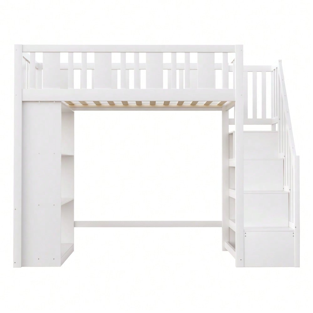 Hochbett 90 x 200 cm, Kinderbett mit Stauraumtreppe, Hochbett mit mehreren großen Staufächern, Funktionsbett, Kinderbett, Jugendbett, Holzbett, Weiß (ohne Matratze)