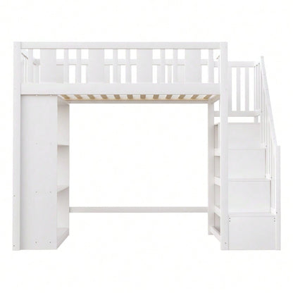 Hochbett 90 x 200 cm, Kinderbett mit Stauraumtreppe, Hochbett mit mehreren großen Staufächern, Funktionsbett, Kinderbett, Jugendbett, Holzbett, Weiß (ohne Matratze)
