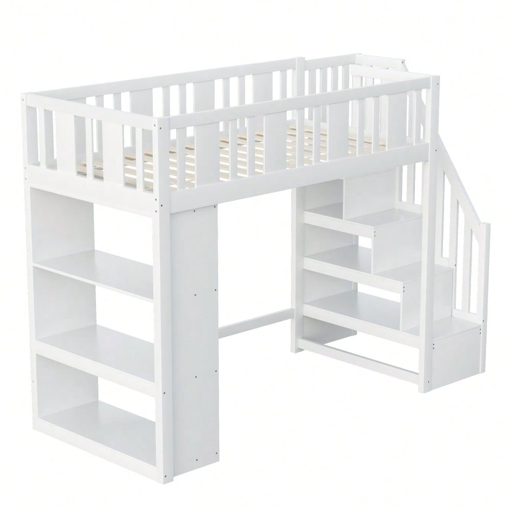 Hochbett 90 x 200 cm, Kinderbett mit Stauraumtreppe, Hochbett mit mehreren großen Staufächern, Funktionsbett, Kinderbett, Jugendbett, Holzbett, Weiß (ohne Matratze)