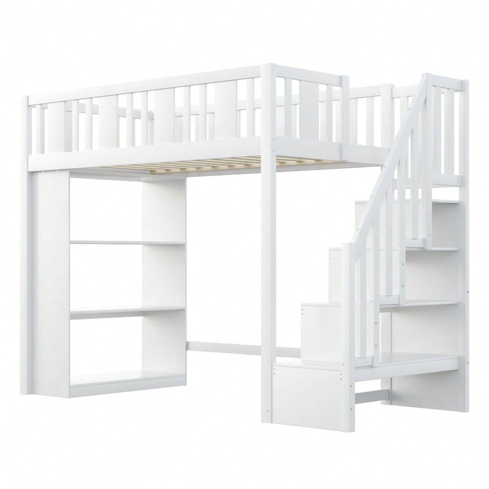 Hochbett 90 x 200 cm, Kinderbett mit Stauraumtreppe, Hochbett mit mehreren großen Staufächern, Funktionsbett, Kinderbett, Jugendbett, Holzbett, Weiß (ohne Matratze)