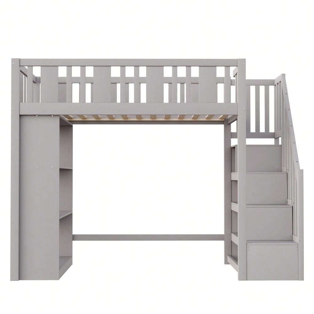 Hochbett 90 x 200 cm, Kinderbett mit Stauraumtreppe, Hochbett mit mehreren großen Staufächern, Funktionsbett, Kinderbett, Jugendbett, Holzbett, Grau (ohne Matratze)