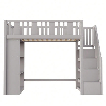 Hochbett 90 x 200 cm, Kinderbett mit Stauraumtreppe, Hochbett mit mehreren großen Staufächern, Funktionsbett, Kinderbett, Jugendbett, Holzbett, Grau (ohne Matratze)