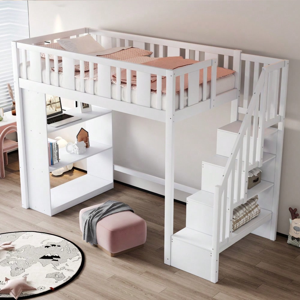 Hochbett 90 x 200 cm, Kinderbett mit Stauraumtreppe, Hochbett mit mehreren großen Staufächern, Funktionsbett, Kinderbett, Jugendbett, Holzbett, Weiß (ohne Matratze)