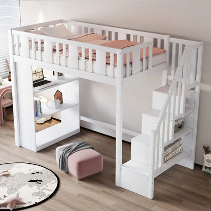 Hochbett 90 x 200 cm, Kinderbett mit Stauraumtreppe, Hochbett mit mehreren großen Staufächern, Funktionsbett, Kinderbett, Jugendbett, Holzbett, Weiß (ohne Matratze)