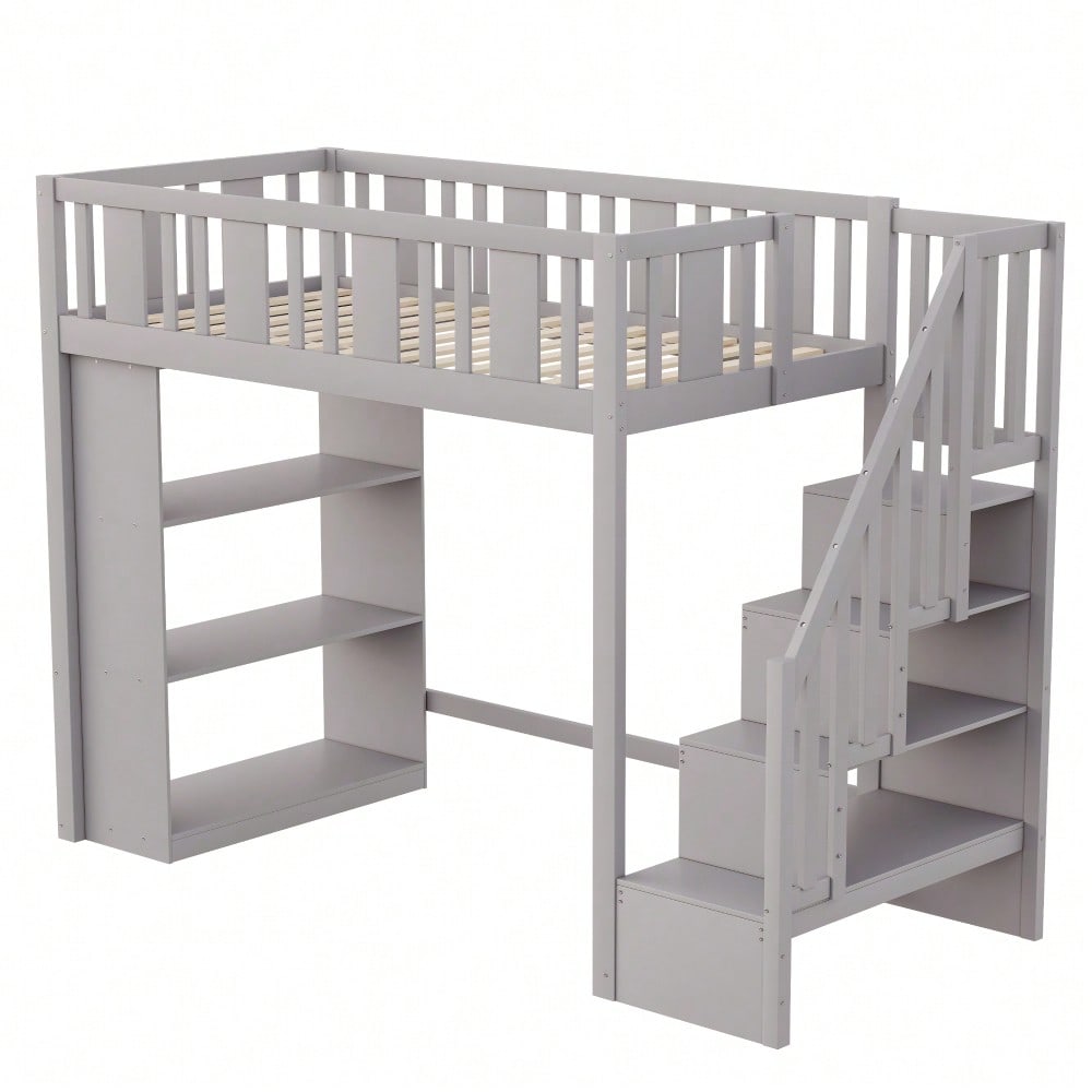 Hochbett 90 x 200 cm, Kinderbett mit Stauraumtreppe, Hochbett mit mehreren großen Staufächern, Funktionsbett, Kinderbett, Jugendbett, Holzbett, Grau (ohne Matratze)