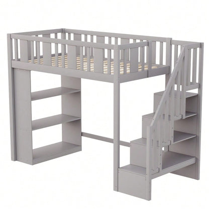 Hochbett 90 x 200 cm, Kinderbett mit Stauraumtreppe, Hochbett mit mehreren großen Staufächern, Funktionsbett, Kinderbett, Jugendbett, Holzbett, Grau (ohne Matratze)