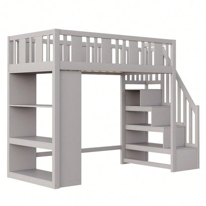 Hochbett 90 x 200 cm, Kinderbett mit Stauraumtreppe, Hochbett mit mehreren großen Staufächern, Funktionsbett, Kinderbett, Jugendbett, Holzbett, Grau (ohne Matratze)