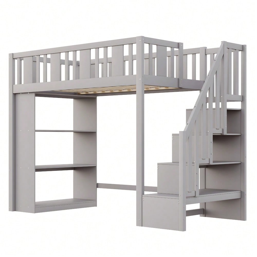 Hochbett 90 x 200 cm, Kinderbett mit Stauraumtreppe, Hochbett mit mehreren großen Staufächern, Funktionsbett, Kinderbett, Jugendbett, Holzbett, Grau (ohne Matratze)