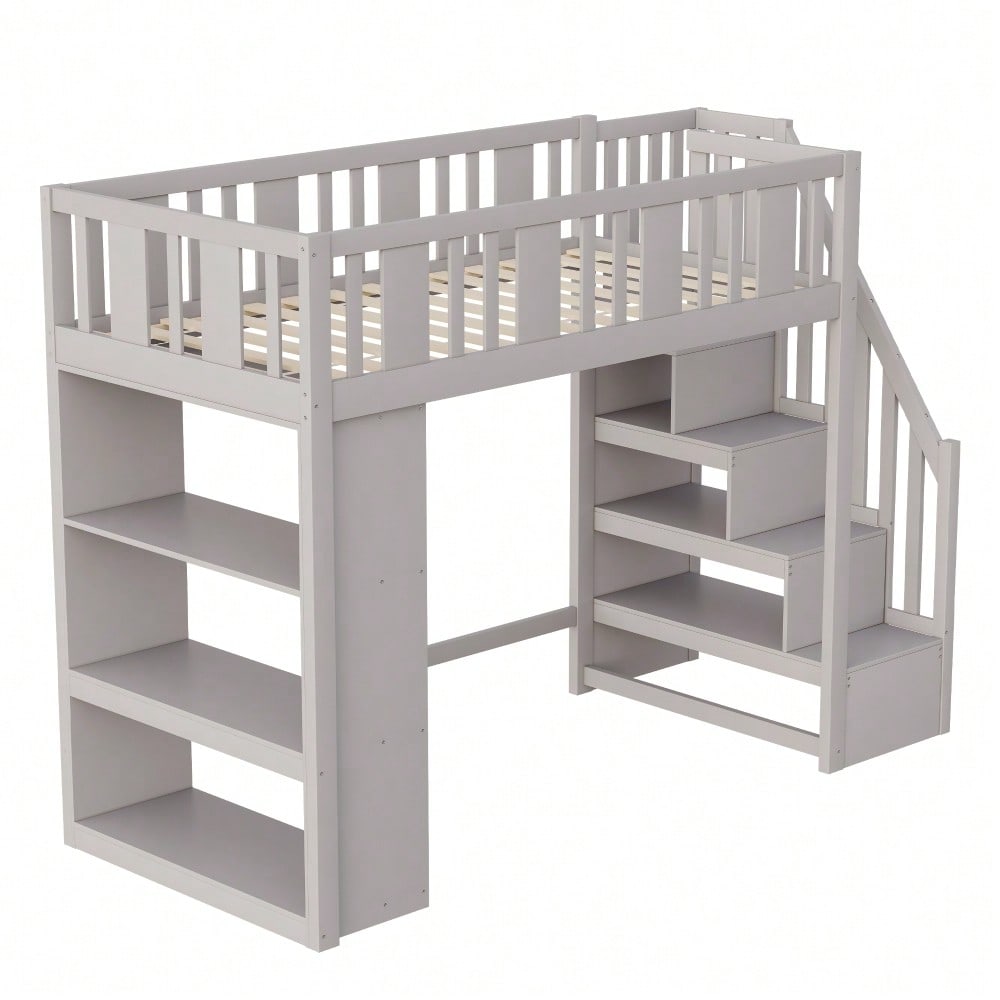 Hochbett 90 x 200 cm, Kinderbett mit Stauraumtreppe, Hochbett mit mehreren großen Staufächern, Funktionsbett, Kinderbett, Jugendbett, Holzbett, Grau (ohne Matratze)