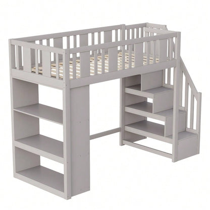 Hochbett 90 x 200 cm, Kinderbett mit Stauraumtreppe, Hochbett mit mehreren großen Staufächern, Funktionsbett, Kinderbett, Jugendbett, Holzbett, Grau (ohne Matratze)