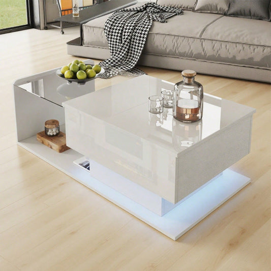 Couchtisch, Hochglanz Weiß, Beistelltisch, Couchtisch mit Glas und LED-Effekt, mit Glasplatte