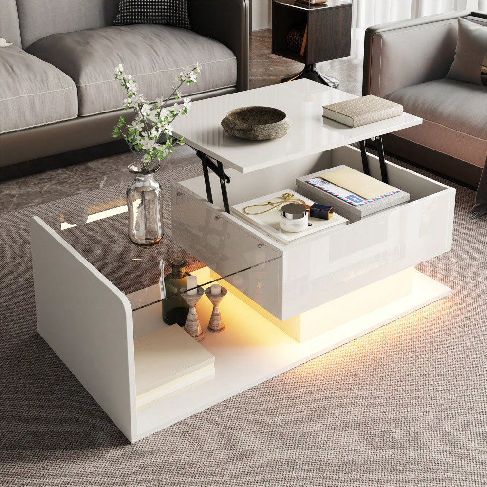 Couchtisch, Hochglanz Weiß, Beistelltisch, Couchtisch mit Glas und LED-Effekt, mit Glasplatte
