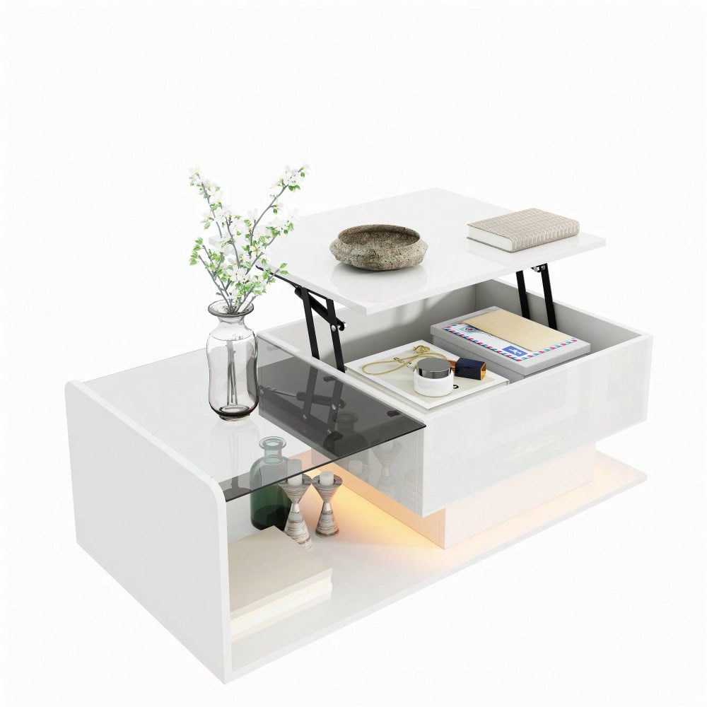 Couchtisch, Hochglanz Weiß, Beistelltisch, Couchtisch mit Glas und LED-Effekt, mit Glasplatte