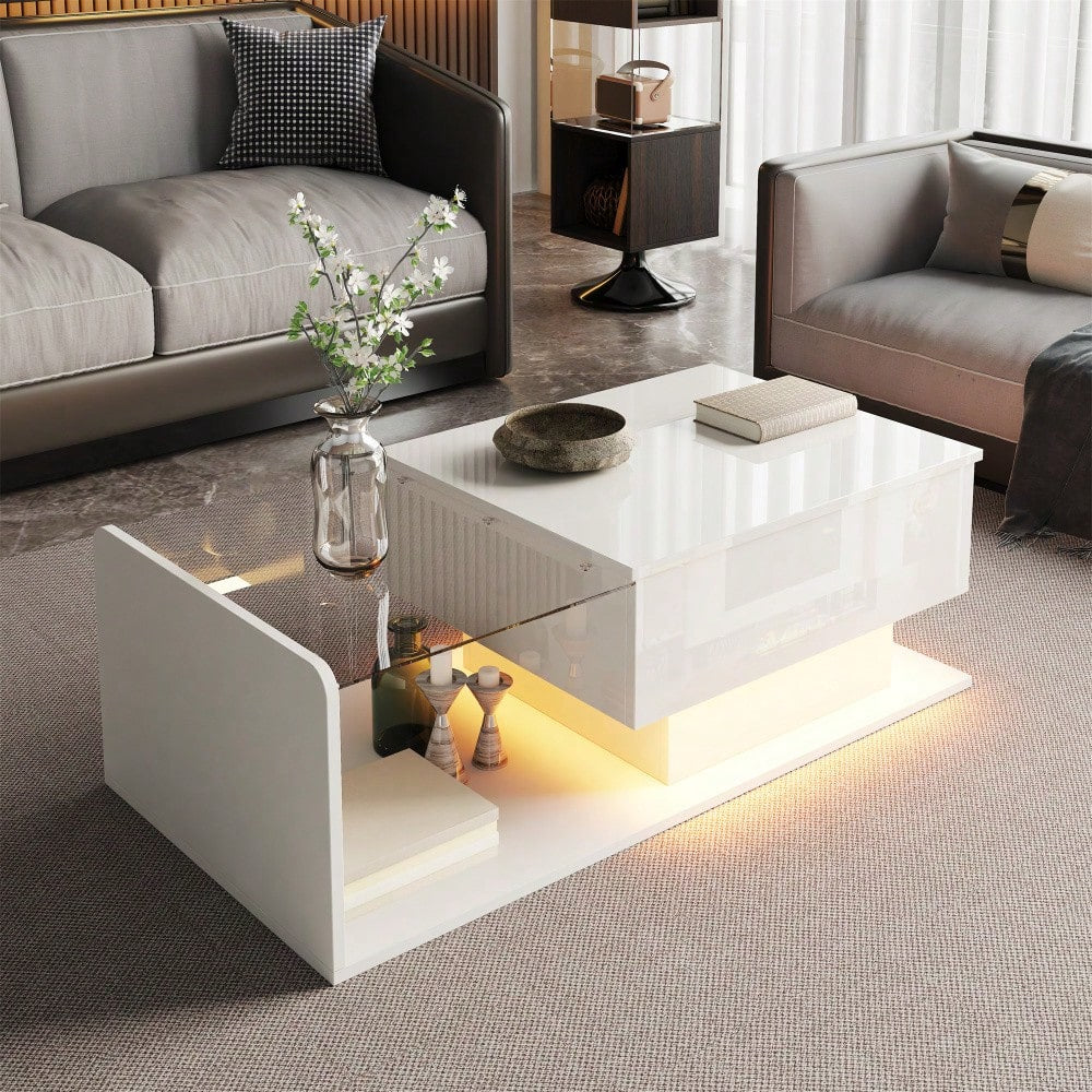 Couchtisch, Hochglanz Weiß, Beistelltisch, Couchtisch mit Glas und LED-Effekt, mit Glasplatte