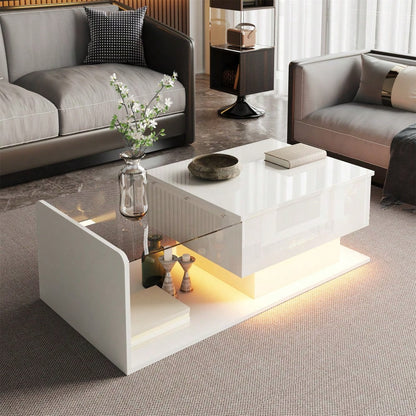 Couchtisch, Hochglanz Weiß, Beistelltisch, Couchtisch mit Glas und LED-Effekt, mit Glasplatte