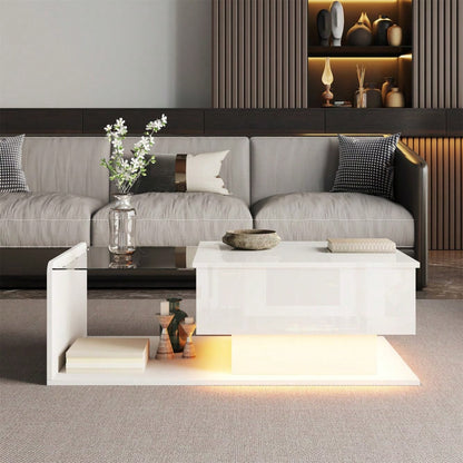 Couchtisch, Hochglanz Weiß, Beistelltisch, Couchtisch mit Glas und LED-Effekt, mit Glasplatte