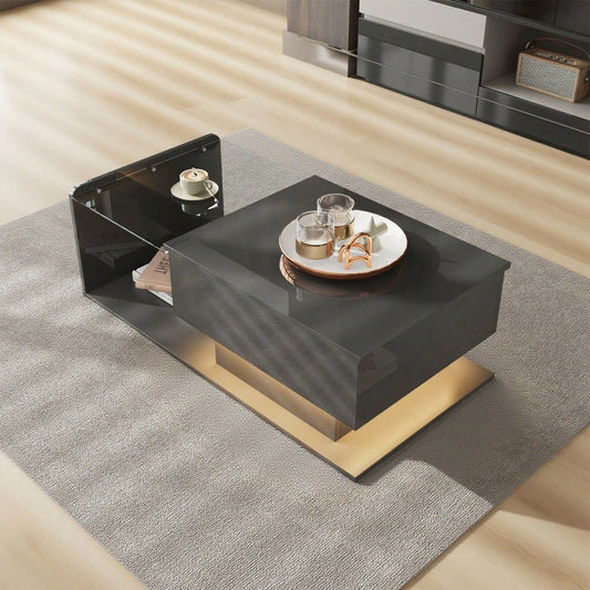 Couchtisch, Hochglanz Schwarz, Beistelltisch, Couchtisch mit Glas und LED-Effekt, mit Glasplatte