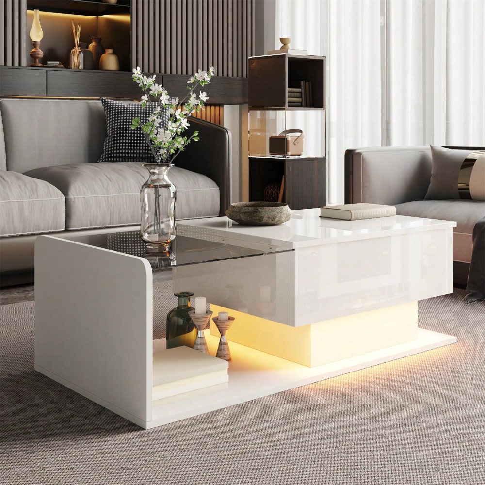 Couchtisch, Hochglanz Weiß, Beistelltisch, Couchtisch mit Glas und LED-Effekt, mit Glasplatte