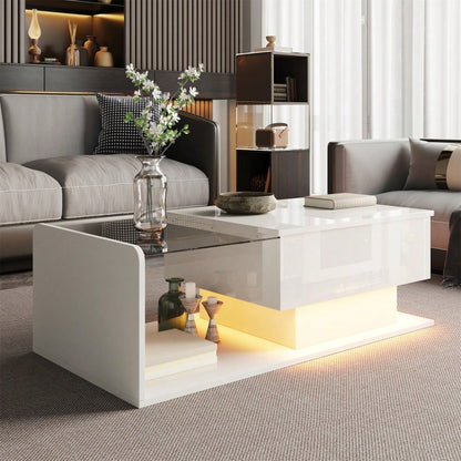 Couchtisch, Hochglanz Weiß, Beistelltisch, Couchtisch mit Glas und LED-Effekt, mit Glasplatte