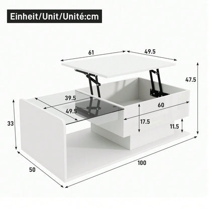 Couchtisch, Hochglanz Weiß, Beistelltisch, Couchtisch mit Glas und LED-Effekt, mit Glasplatte