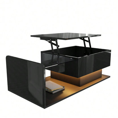 Couchtisch, Hochglanz Schwarz, Beistelltisch, Couchtisch mit Glas und LED-Effekt, mit Glasplatte