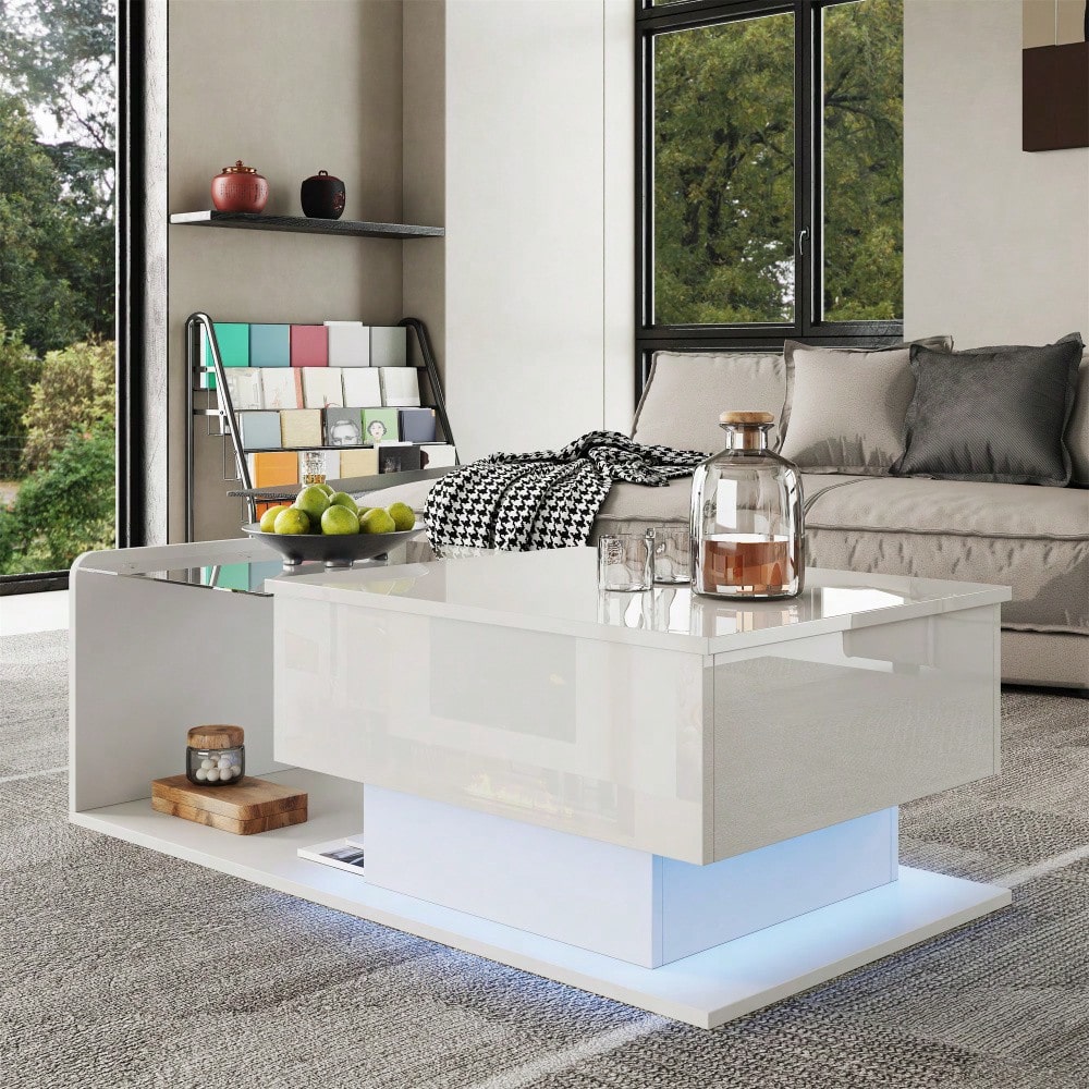 Couchtisch, Hochglanz Weiß, Beistelltisch, Couchtisch mit Glas und LED-Effekt, mit Glasplatte