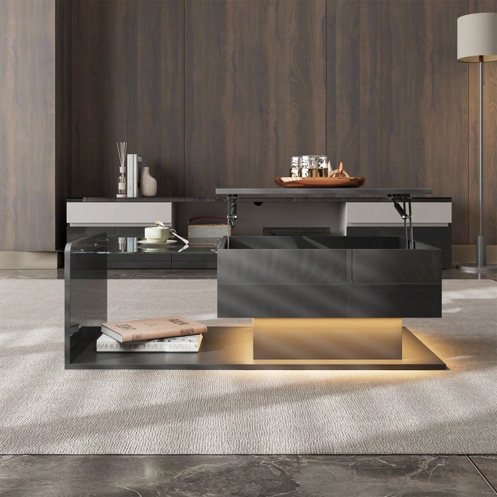 Couchtisch, Hochglanz Schwarz, Beistelltisch, Couchtisch mit Glas und LED-Effekt, mit Glasplatte