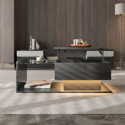 Couchtisch, Hochglanz Schwarz, Beistelltisch, Couchtisch mit Glas und LED-Effekt, mit Glasplatte