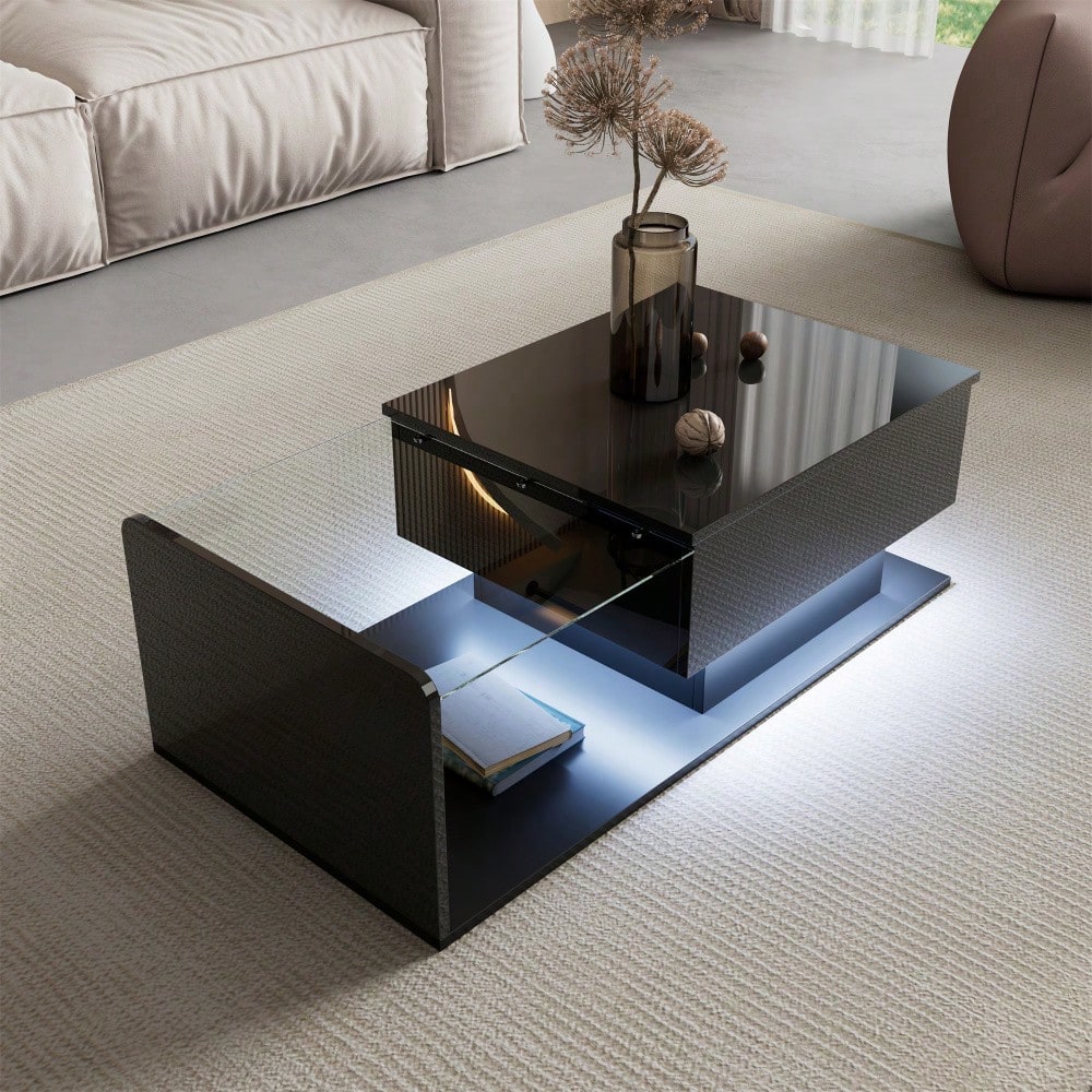 Couchtisch, Hochglanz Schwarz, Beistelltisch, Couchtisch mit Glas und LED-Effekt, mit Glasplatte