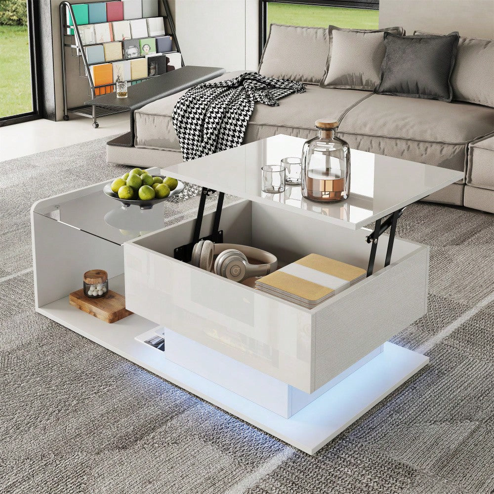 Couchtisch, Hochglanz Weiß, Beistelltisch, Couchtisch mit Glas und LED-Effekt, mit Glasplatte