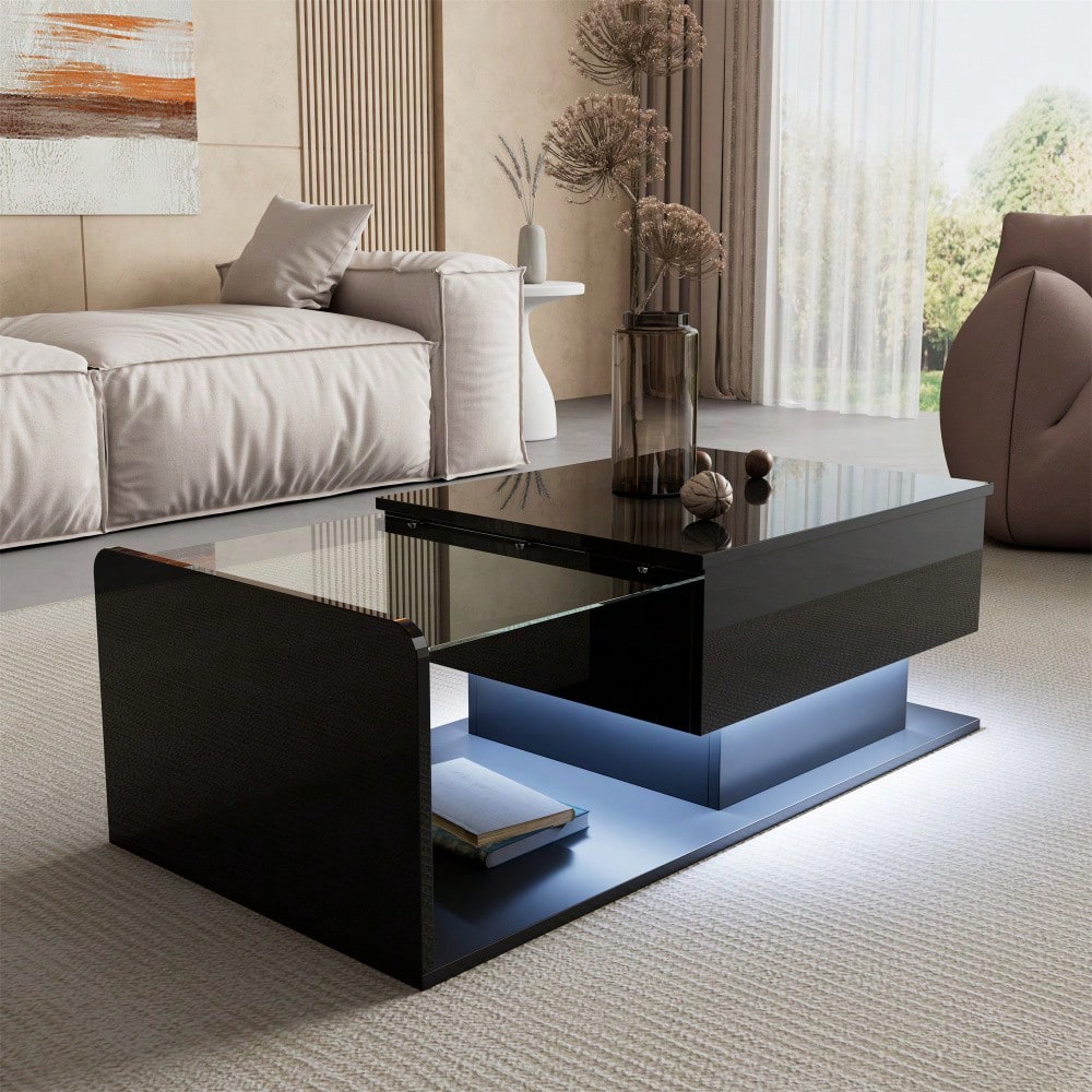 Couchtisch, Hochglanz Schwarz, Beistelltisch, Couchtisch mit Glas und LED-Effekt, mit Glasplatte