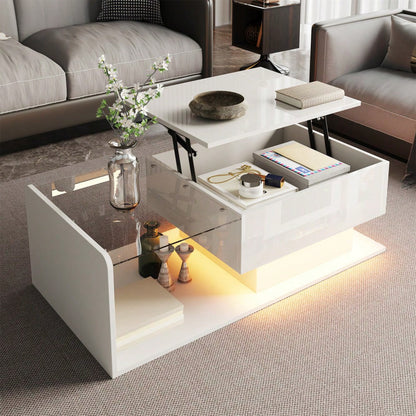 Couchtisch, Hochglanz Weiß, Beistelltisch, Couchtisch mit Glas und LED-Effekt, mit Glasplatte
