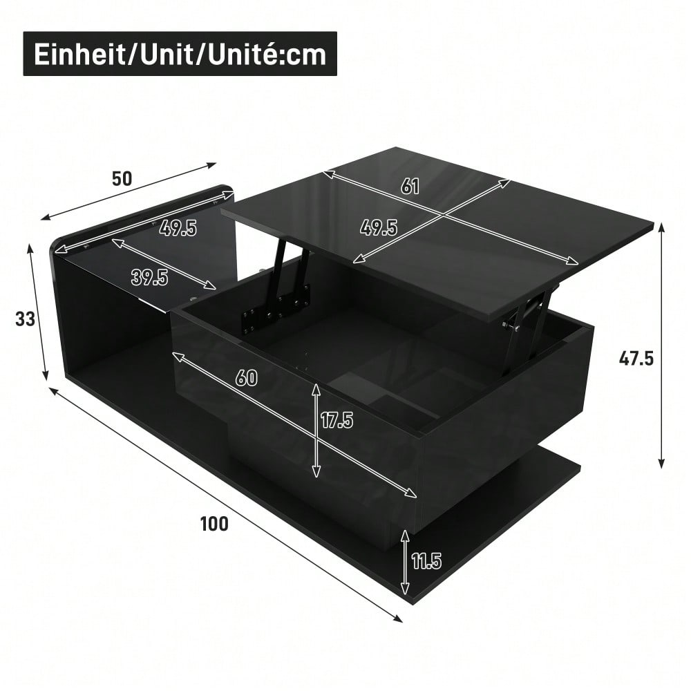 Couchtisch, Hochglanz Schwarz, Beistelltisch, Couchtisch mit Glas und LED-Effekt, mit Glasplatte