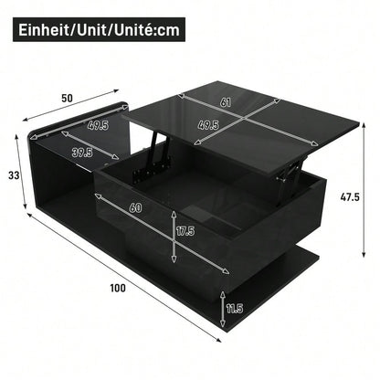 Couchtisch, Hochglanz Schwarz, Beistelltisch, Couchtisch mit Glas und LED-Effekt, mit Glasplatte