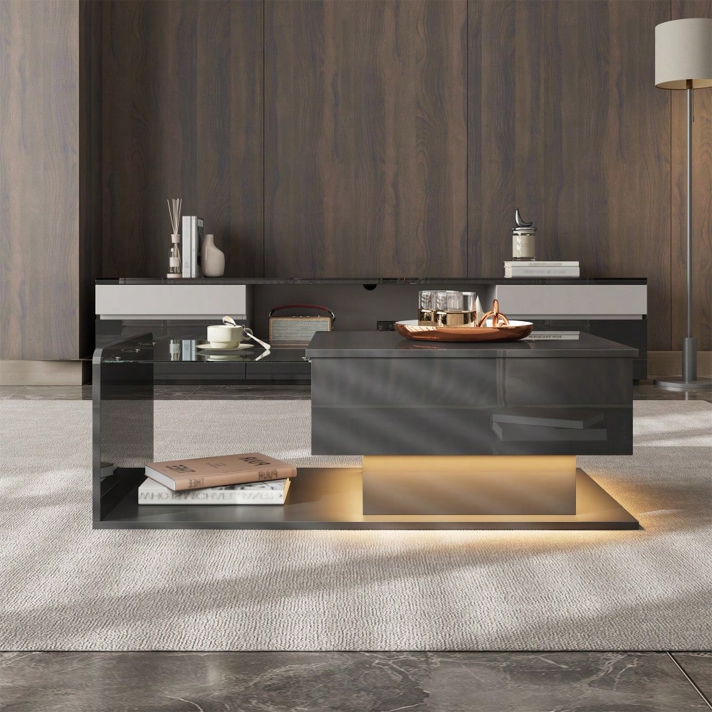 Couchtisch, Hochglanz Schwarz, Beistelltisch, Couchtisch mit Glas und LED-Effekt, mit Glasplatte